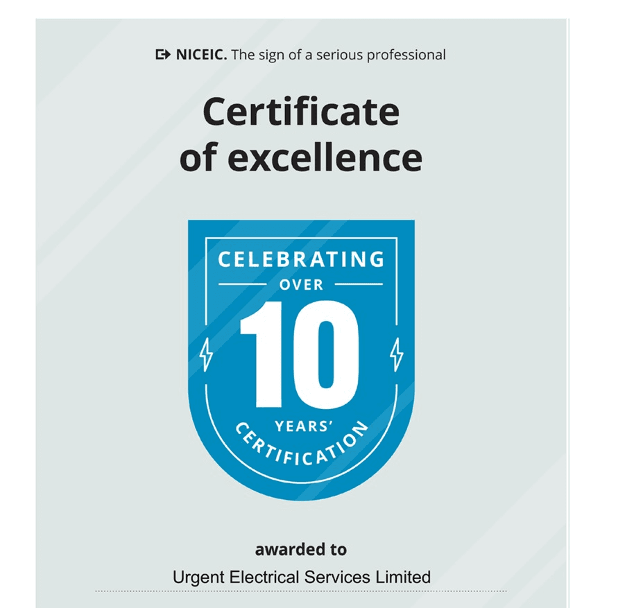 NICEIC Certificate of Excellence awarded to Urgent Electrical Services Limited — celebrating over 10 years' certification