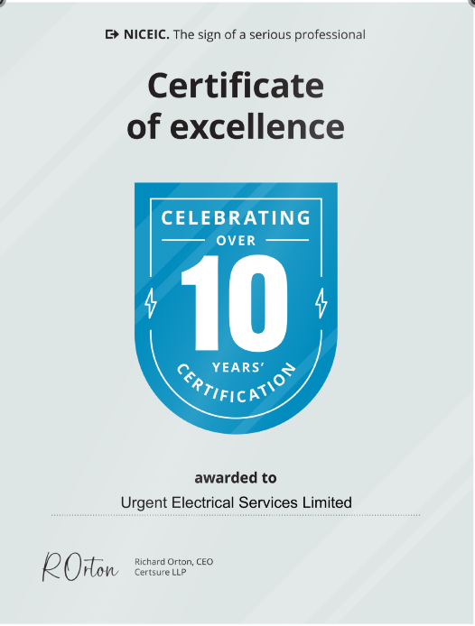 NICEIC Certificate of Excellence awarded to Urgent Electrical Services Limited — celebrating over 10 years' certification